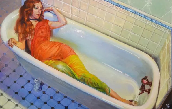 Картинка вода, девушка, мокрая, арт, ванна, ткань, рыжая
