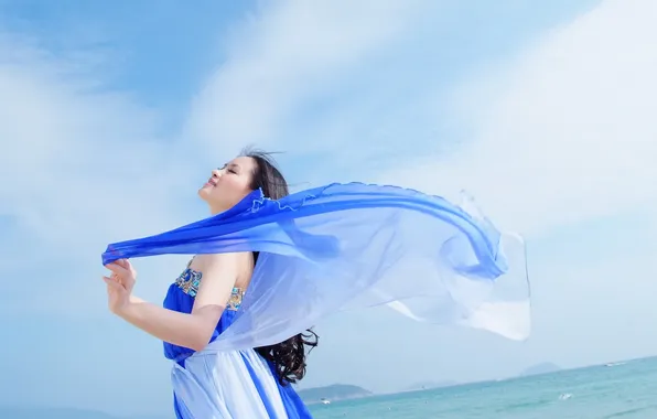 Girl, white, dress, blue, beautiful, asian, backgroung