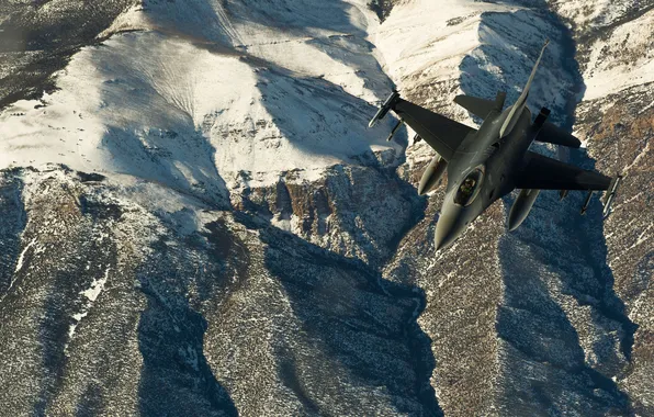 Картинка ландшафт, истребитель, полёт, F-16, Fighting Falcon, «Файтинг Фалкон»
