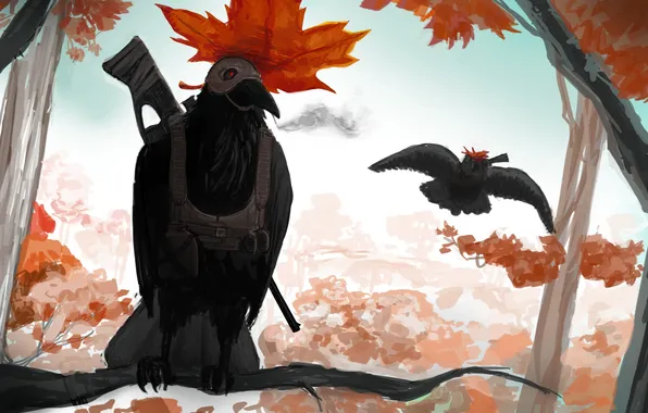 Картинка осень, лес, птица, листок, ветка, ружье, ворон, амуниция