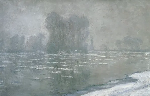 Пейзаж, картина, Клод Моне, Льдины. Туманное Утро
