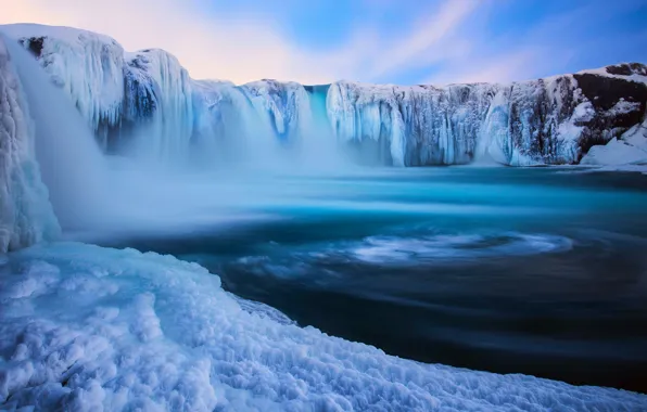 Картинка зима, снег, природа, водопад, лёд, Исландия, Декабрь, Godafoss