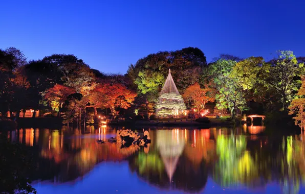 Вода, деревья, природа, вечер, сад, Токио, Tokyo, Rikugien