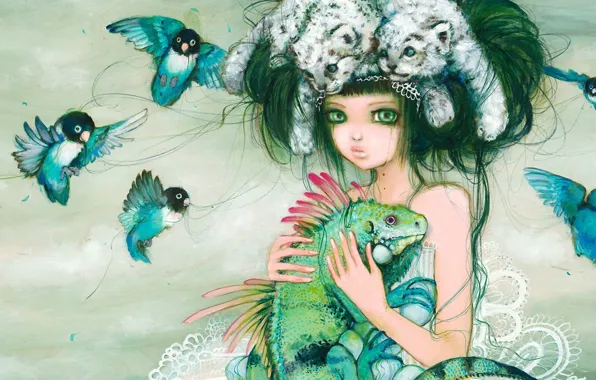 Картинка девушка, птицы, фантазия, ящерица, арт, прическа, попугаи, тигрята