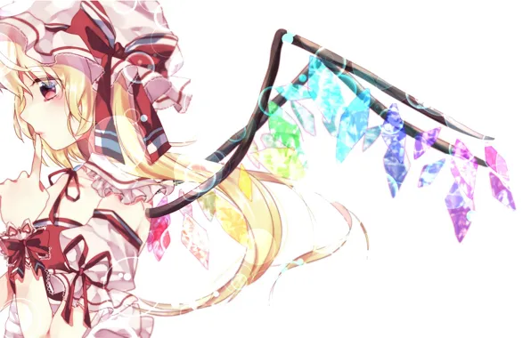 Крылья, белый фон, профиль, кристаллы, бант, красные глаза, чепчик, touhou