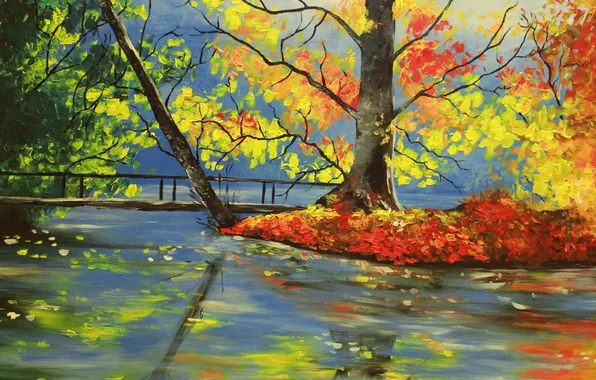 Картинка осень, деревья, мост, природа, река, арт, Basicsspace