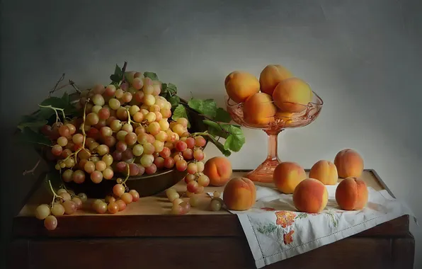Осень, виноград, натюрморт, персики, натюрморт с фруктами