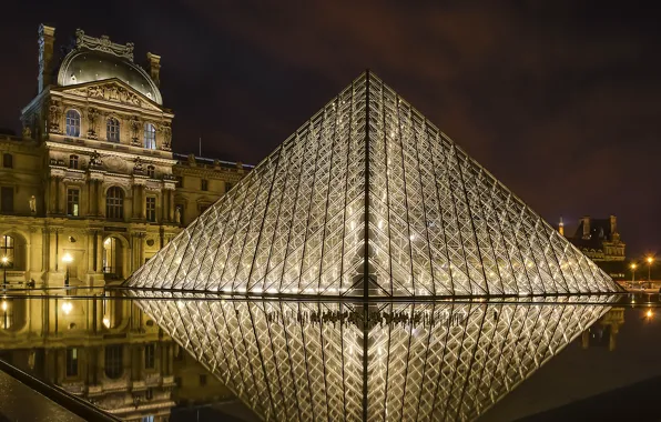 Ночь, город, огни, Франция, Париж, Louvre Pyramid