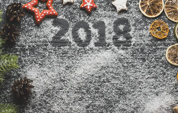 Картинка праздник, звезда, новый год, ель, печенье, цитрусы, угощенье