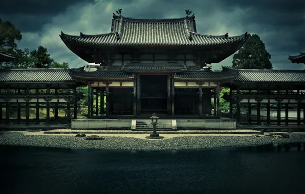 Картинка небо, деревья, пруд, здание, Япония, Храм, архитектура, Киото