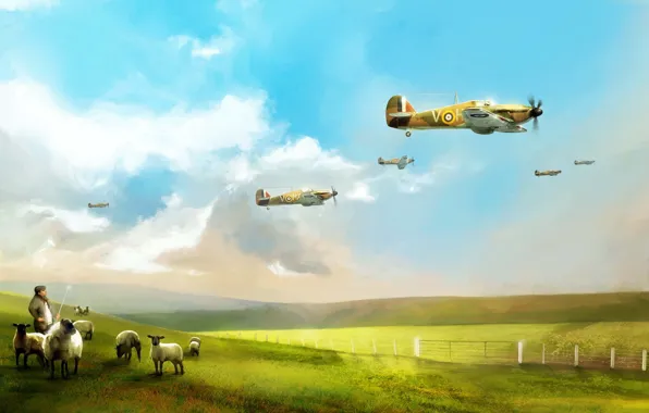 Картинка самолет, арт, британский, Hawker Hurricane, перехватчик, ВВС Великобритании, WW2, одноместный истребитель
