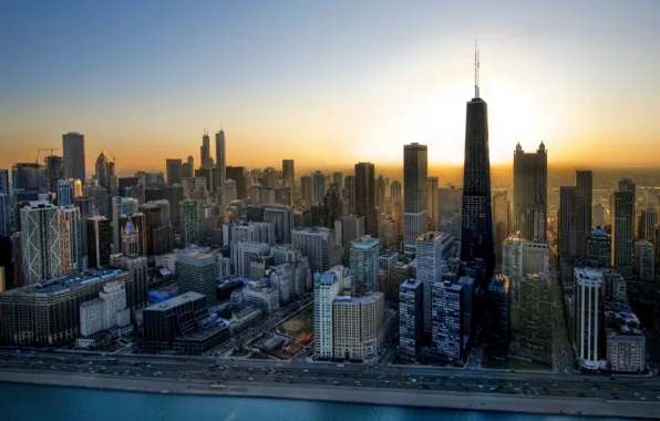 Картинка восход, здания, небоскребы, Чикаго