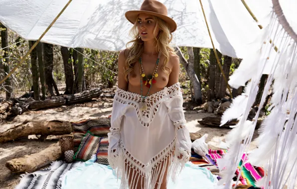 Hat, beautiful, blond, necklace, outdoor, undressing, cowgirl, strip
