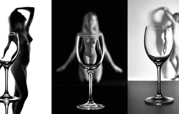 Коллаж, бокалы, арт, black and white, Sunny, девушка голая, Дегустация
