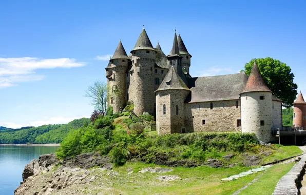 Картинка зелень, лес, небо, солнце, озеро, замок, Франция, Chateau de Val