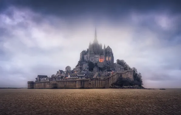 Картинка небо, скала, Франция, панорама, крепость, France, Нормандия, Normandy