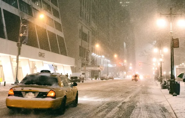 Картинка зима, снег, city, такси, америка, нью-йорк, сша, snow