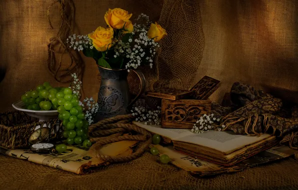 Цветы, сеть, розы, букет, виноград, газеты, шкатулка, книга