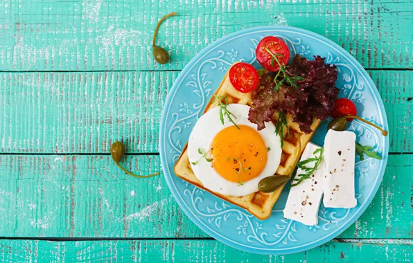 Картинка завтрак, сыр, тарелка, яичница, помидоры, wood, eggs, breakfast