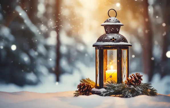 Зима, снег, ночь, Рождество, фонарь, Новый год, Christmas, night