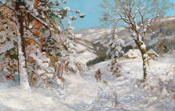 Alois Arnegger, Austrian painter, австрийский живописец, oil on canvas, Алоис Арнеггер, Охотник в зимнем лесу, …