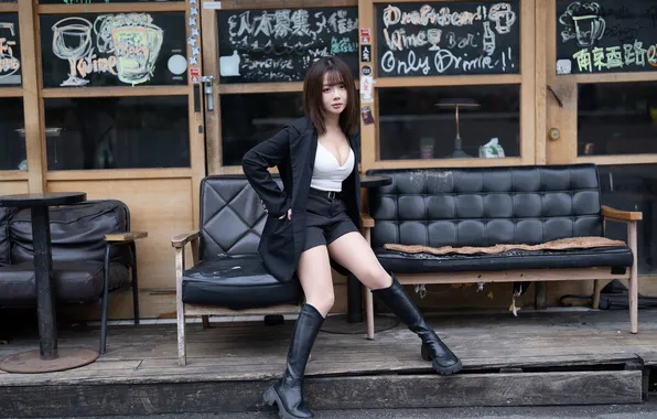 Cleavage, Asian, model, women, bench, sitting, dark hair