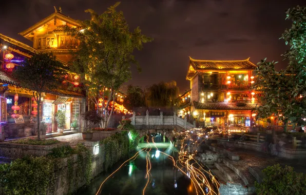 Свет, пейзаж, ночь, дома, Ancient, Town of Lijiang