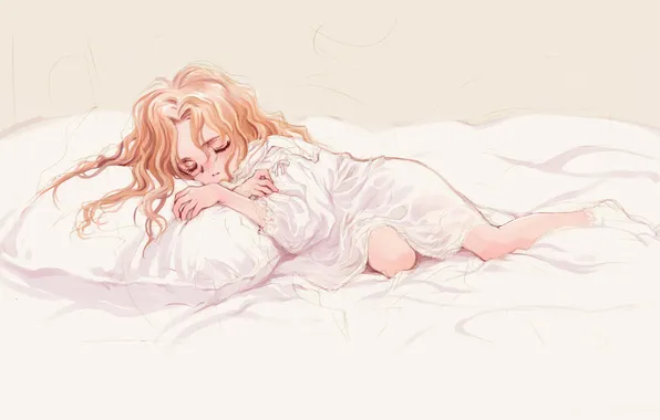 Картинка девушка, аниме, арт, постель, подушка, oyari ashito, littlewitch