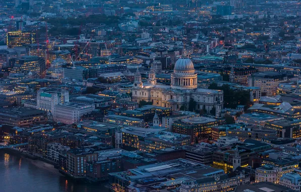 Огни, Лондон, англия, дома, вечер, панорама, собор Святого Павла, вид с башни Shard