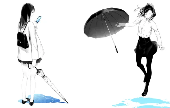 Картинка девушки, лужи, зонты, телефон, рюкзак, art, sawasawa