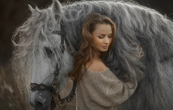 Картинка морда, девушка, настроение, конь, лошадь, грива, свитер, Юлия Онучина