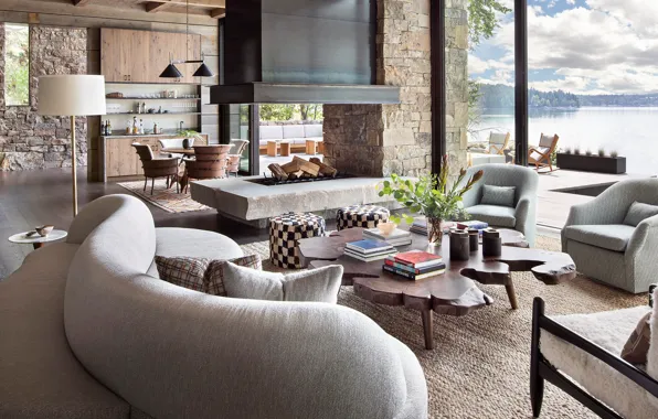 Вилла, интерьер, камин, гостиная, столовая, by Bear Mountain Builders, LakeStone house