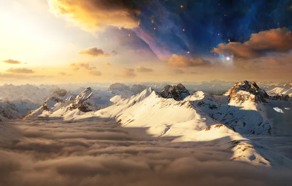 Картинка небо, солнце, облака, снег, горы, вершины