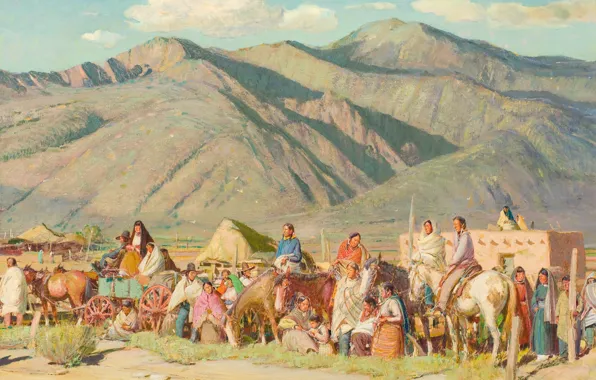 Горы, караван, Oscar Edmund Berninghaus, The Pueblos, Await the Dancers