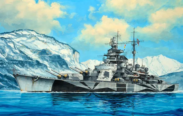 Картинка Тирпиц, Tirpitz, Кригсмарине, тяжёлая артиллерийская плавбатарея, второй линкор типа «Бисмарк»