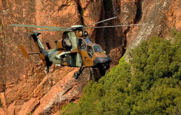 Деревья, горы, полёт, вертолёт, Tiger, Eurocopter, ударный, EC 665