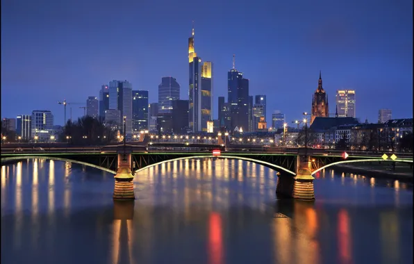 Ночь, мост, огни, Германия, Frankfurt, Франкфурт-на-Майне, Франкфурт