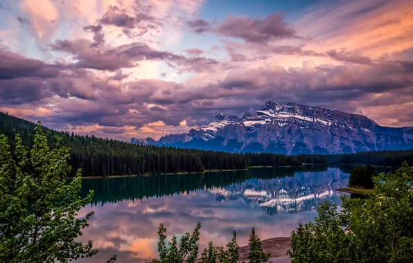 Закат, озеро, отражение, гора, Канада, Бнаф