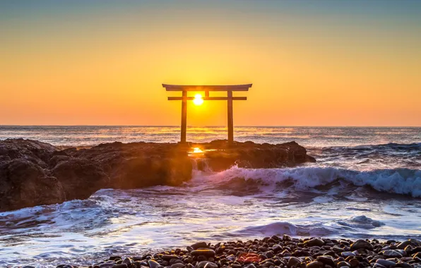 Japan, заход солнца, ворота тории, на берегу океана