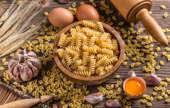 Яйца, колосья, россыпь, разные, чеснок, макароны, скалка, ассорти