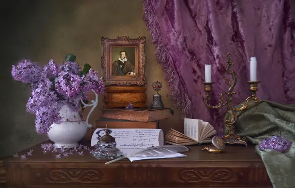 Перо, книги, портрет, свечи, натюрморт, штора, колокольчик, сирень