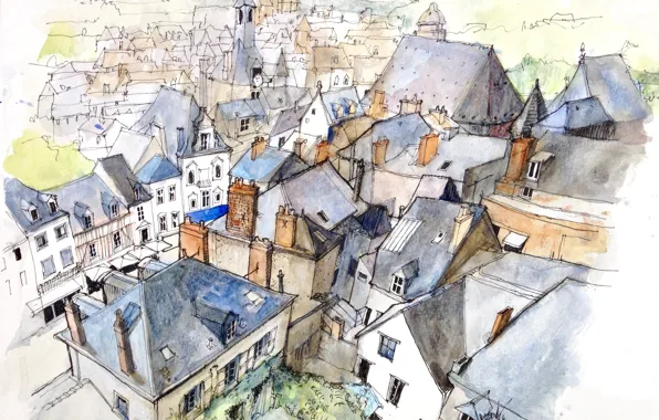 Картинка город, рисунок, Франция, дома, акварель, Амбуаз