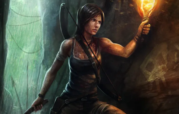Картинка вода, девушка, брызги, лук, арт, факел, пещера, Lara Croft