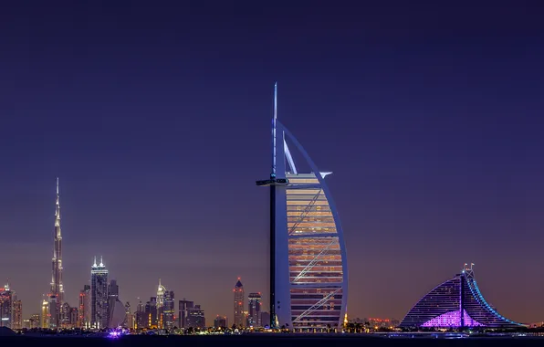 Картинка Дубай, ночной город, Dubai, ОАЭ, Burj Al Arab, Бурдж-эль-Араб, Арабская Башня