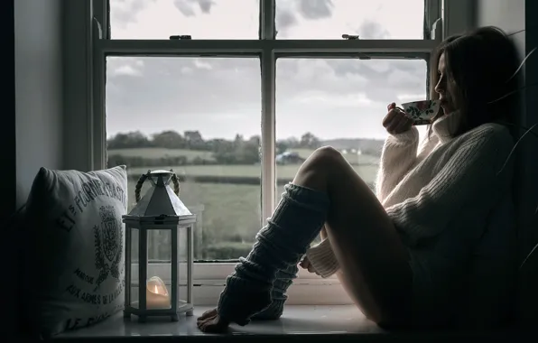 Девушка, окно, чашка, ножки, гетры, cup of tea