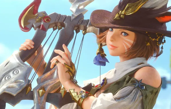 Картинка девушка, шляпа, перья, арфа, уши, Final Fantasy, раскраска, бард