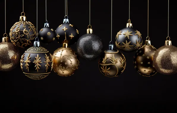 Картинка фон, шары, Новый Год, Рождество, golden, new year, happy, black