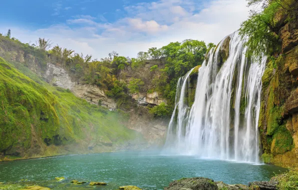 Картинка пейзаж, река, скалы, водопад, summer, river, landscape, beautiful