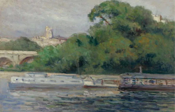 Пейзаж, картина, Максимильен Люс, Maximilien Luce, Лодки перед Деревьями и Мостом