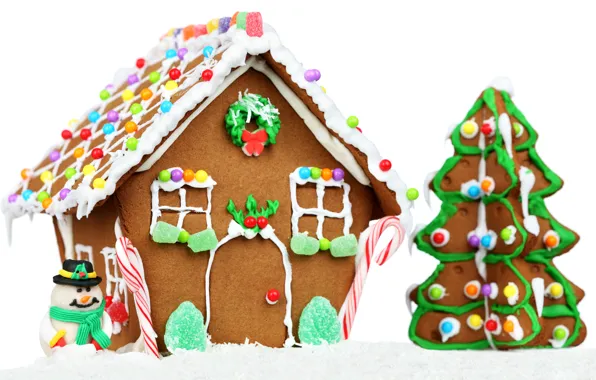 Картинка дом, праздник, шары, елка, новый год, торт, снеговик, новогодние игрушки